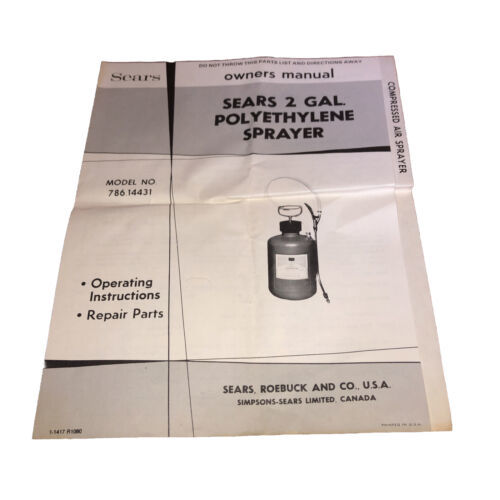SEARS, Roebuck 2 Gal. Polyethylene Sprayer Vintage Owners Manual - $6.80