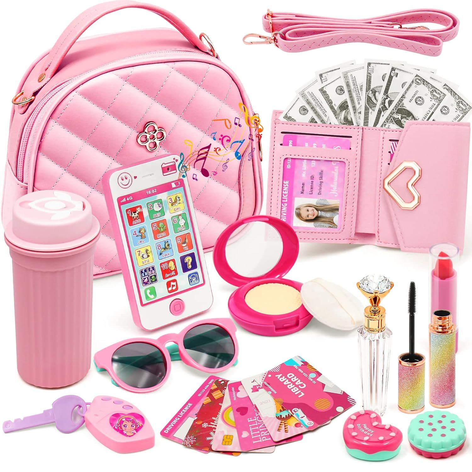 Primary image for Kids Pretend Play Little Girl Purse Accessories, Princess Toy Cell Phone Fake Ma