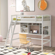 Twin Size Loft Bed With Storage Shelves, Desk And Ladder, White - £409.72 GBP