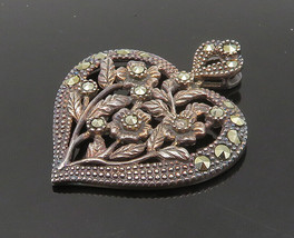 LENOX 925 Sterling Silver - Vintage Marcasite Floral Heart Pendant - PT16337 - £27.99 GBP