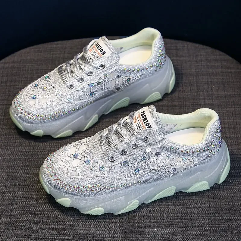 Sneakers women&#39;s Rhinestone Lace Patch Contrast Sequin Women Sneakers Tennis Sho - $69.44