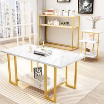 Awqm 3Pcs Living Room Table Set, Faux Marble Coffee Table &amp; 3-Tier, Gold+White - £168.96 GBP