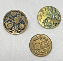 3 Antique Round Metal Picture Buttons Butterfly / Bird w Flowers More Birds - $12.38