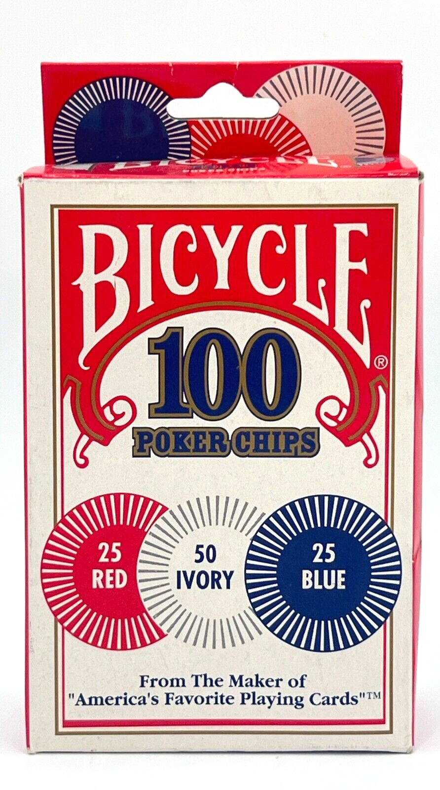 BICYCLE Poker Chips 100 Count Plastic Red Ivory Blue Interlocking Casino-Style - $11.60