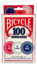 BICYCLE Poker Chips 100 Count Plastic Red Ivory Blue Interlocking Casino... - $11.60