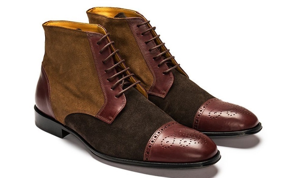 New Leather Suede Ankle High Brogue Boot, Handmade 3 Tone Brown Lace Up Cap Toe