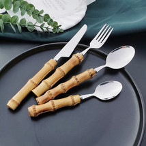 4 PCS Knife Fork Spoon Stainless Steel Cutlery Set With Bamboo Handle - £9.87 GBP