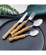 4 PCS Knife Fork Spoon Stainless Steel Cutlery Set With Bamboo Handle - £9.75 GBP