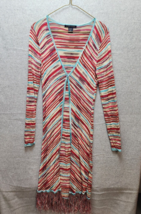 Boston Proper Medium Striped Duster Sweater Open Boho Rainbow Stripe Knit Fringe - £16.16 GBP