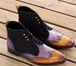 Men Multi Colors Brogue Toe Wing Tip Suede Oxford Ankle Leather Boot US 7-16 - £121.21 GBP