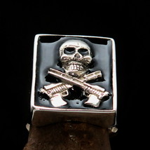 Excellent Hitman Ring black Jolly Roger Skull crossed Auto Guns Sterling Silver - £68.15 GBP