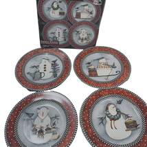 Frosty Folks Christmas Snowman 4 Salad Dessert Plate Set Deb Mumm Vintage NEW - £17.16 GBP