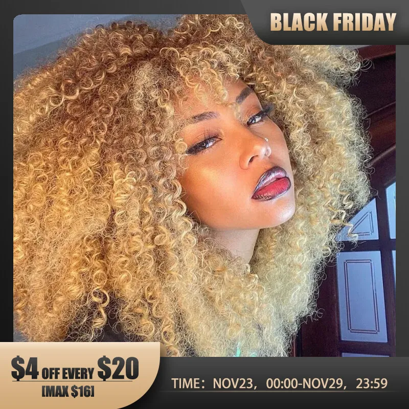 Curly Afro Wigs For Black Women Short Kinky Curly Wigs With Bangs 16 Inch Brown - £18.51 GBP+
