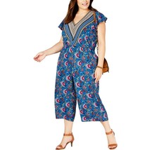 Love Squared Womens Plus 1X Slate Blue Magenta Floral Border Crop Jumpsuit NWT - £11.74 GBP