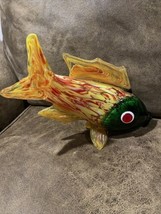 Large Murano Style Hand Blown Art Glass Fish Figurine Yellow Green and Red - $133.65