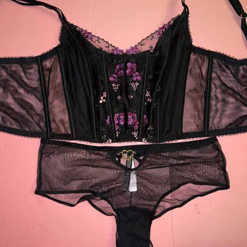 Primary image for Victoria's Secret M-DD 34DD/36DD CORSET TOP SET BLACK Purple FLORAL EMBROIDERED