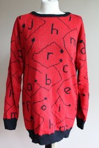 Vtg 80s Fortune Knits 42&quot; Acrylic Red Black Alphabet Letter Tunic Sweater USA - £19.37 GBP