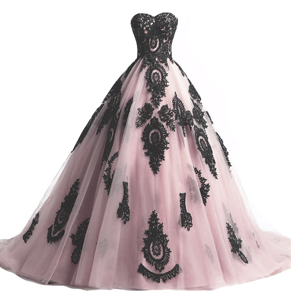 Kivary Long Ball Gown Black Lace Gothic Corset Formal Prom Evening Dresses Pink