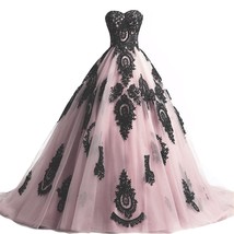 Kivary Long Ball Gown Black Lace Gothic Corset Formal Prom Evening Dresses Pink  - £133.09 GBP