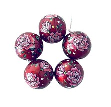 5 Japanese Tensha Glass Red Wine Pink Rose Floral 12mm Round Painted Beads - £3.94 GBP