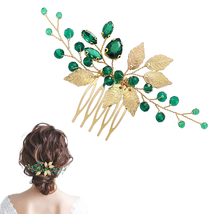 Bridal Hair Side Comb Emerald Green Crystal Gold Leaf Vine Hair Piece Accessorie - £7.66 GBP