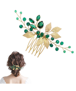 Bridal Hair Side Comb Emerald Green Crystal Gold Leaf Vine Hair Piece Ac... - £7.64 GBP
