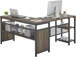 FATORRI L Shaped Computer Desk, Industrial Home Office Desk with Shelves, Rustic - £232.04 GBP