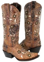 Womens Cowboy Boots Cognac Western Wear Leather Floral Embroidered Snip Toe - £76.72 GBP