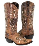 Womens Cowboy Boots Cognac Western Wear Leather Floral Embroidered Snip Toe - €84,25 EUR