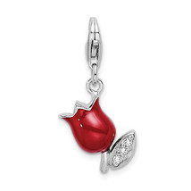 Amore La Vita Silver  Polished CZ Red Enameled Tulip Flower Charm with Fancy Lob - £30.32 GBP