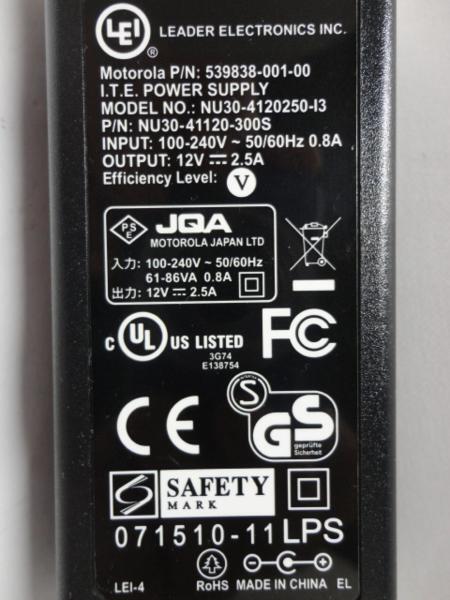 Primary image for Leader Electronics Motorola AC Adapter Power Supply NU30-4120250: 12V 2.5A