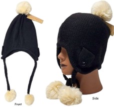 American Rag Women Soft Knit Black Trapper Hat with Ivory Pom-Poms (1pc) - £10.17 GBP