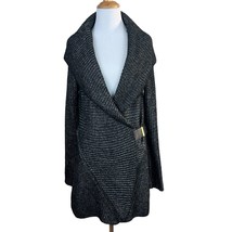 Cache Cardigan Sweater Medium Black Silver Metallic Knit Belted Shawl Collar New - £48.20 GBP