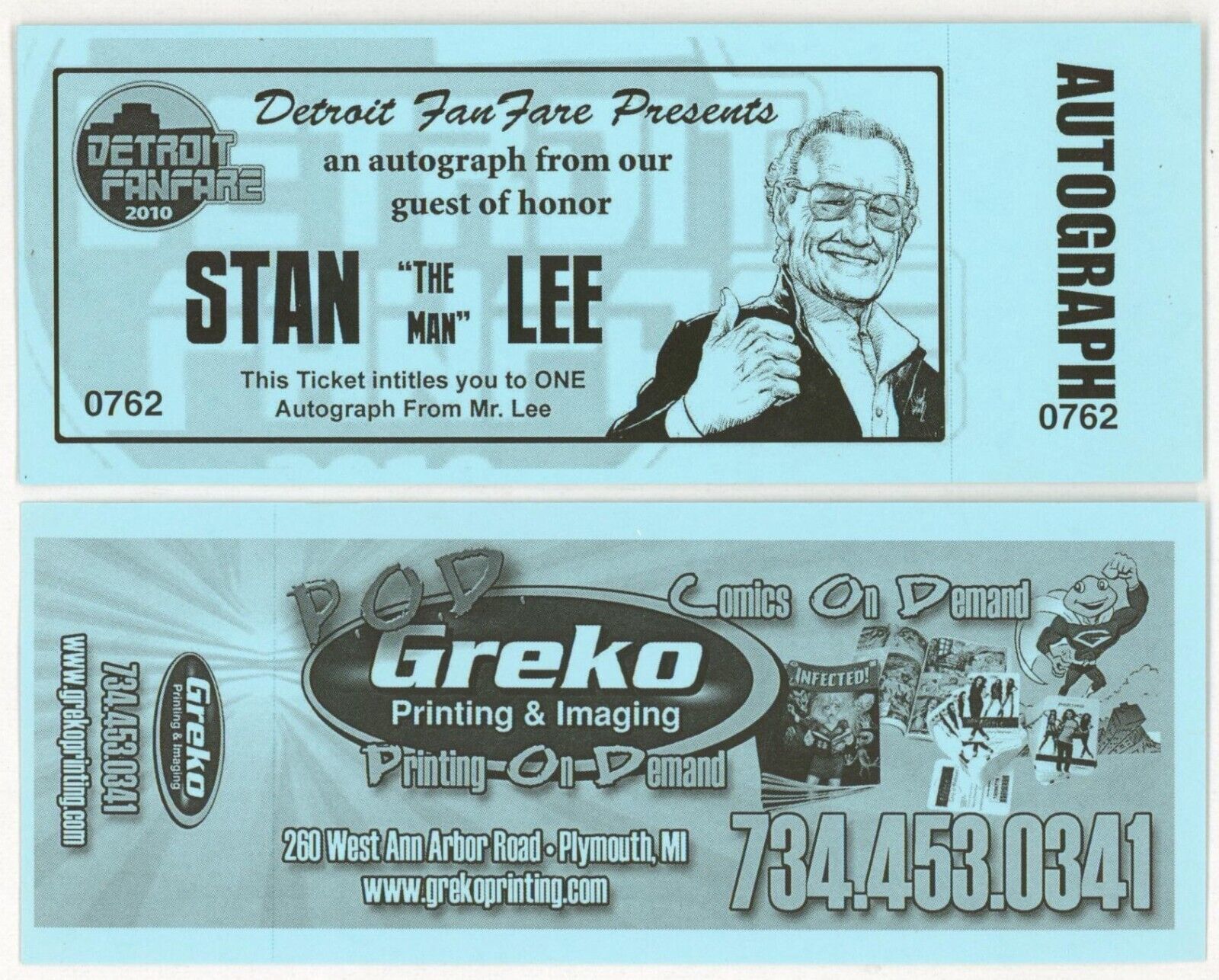 Stan Lee Autograph Ticket from '10 Detroit Fanfare Marvel Comic Souvenir Memento - £13.39 GBP