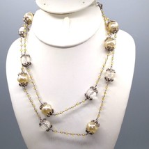 Vintage TRESKA Faux Pearl and Clear Beads Station Necklace, Silver Tone Chain - £18.61 GBP