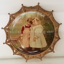 Antique Celluloid Adorable Children Handcolored Photo Ornate Pressed Brass Frame - £69.59 GBP