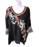 JOHNNY WAS Merielle Blouse Black Embroidered Tunic Top Size Large - $111.93