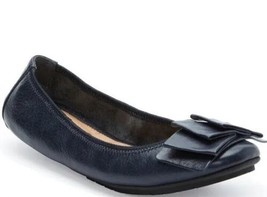 Me Too Lilyana Pleated Bow Detail Glazed Goat Leather Ballet Flats 8M Navy - £53.98 GBP