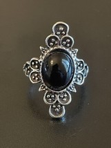 Vintage Black Onyx Stone Antique Silver Plated Woman Ring Size 6 - £10.28 GBP