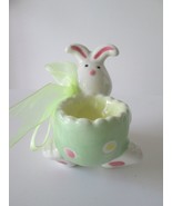 Vintage Ceramic Sitting Bunny w/Yellow Bow Green Easter Egg Holder Cup 3... - £9.28 GBP