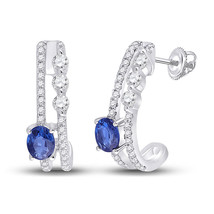 14kt White Gold Womens Oval Blue Sapphire Fashion J Hoop Earrings 3/4 Cttw - £515.02 GBP