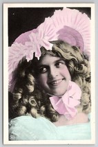 Beautiful Victorian Woman Flirtatious Smile Pink Bonnet And Bow Postcard M29 - £5.55 GBP