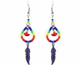 Native American Inspired Teardrop Shaped Seed Beaded Chip Stone Metal Feather Ch - £9.34 GBP