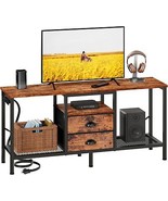 TV Stand with Power Outlets and 2 Fabric Drawers 42 Inch Small Entertain... - £118.80 GBP