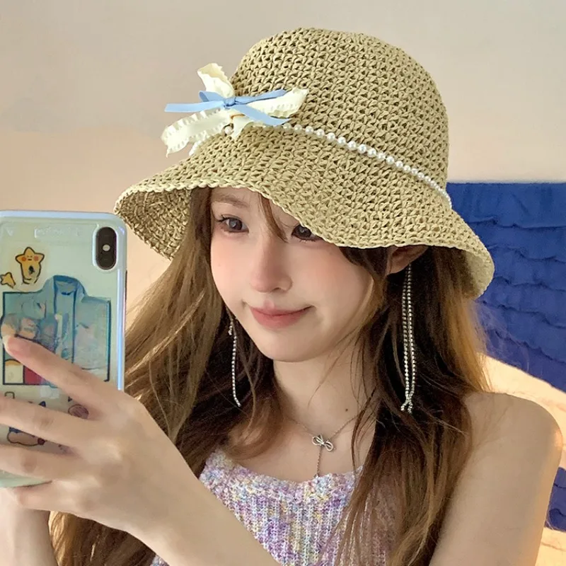 Sweet Pearl Bow Straw Bucket Hat Summer Travel Photo Versatile Sunscreen Seaside - £12.19 GBP