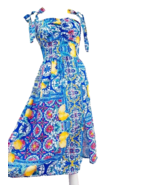 Vintage Blue Patterned Summer Dress with Lemons Unique - £70.79 GBP