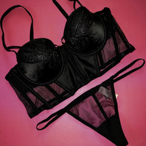 Victoria&#39;s Secret longline 36A/36B BRA SET thong BLACK butterfly embroidered - £70.60 GBP