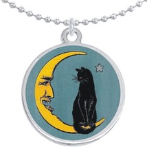 Cat and Moon Round Pendant Necklace Beautiful Fashion Jewelry - £8.59 GBP
