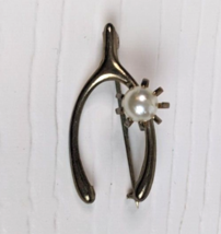 Vintage gold Tone Wishbone Pin Brooch With Faux Pearl - $9.89