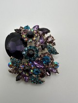 Vintage Blue Purple Pink Rhinestone Flower Brooch / Pendant 6.2cm - £46.00 GBP